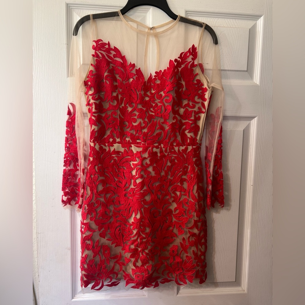 GB brand red embroidered and nude illusion dress.  Size S